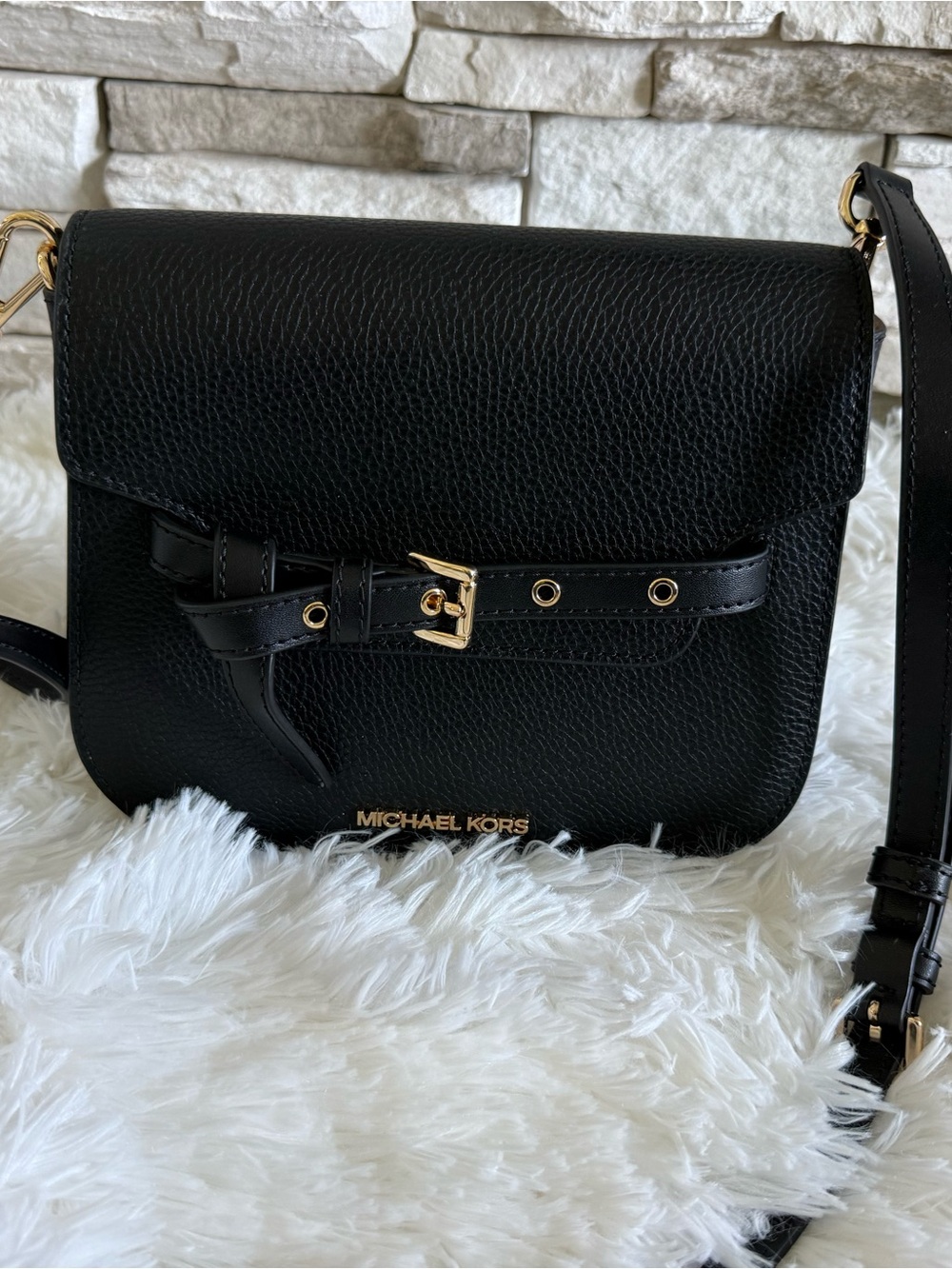 Michael Kors Black Pebbled Leather Crossbody with Gold Accents